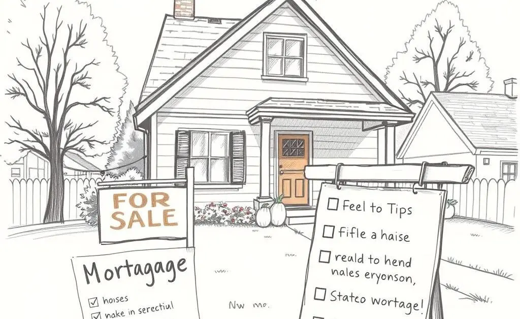 House with a 'for sale' sign and a checklist titled 'mortgage tips'.