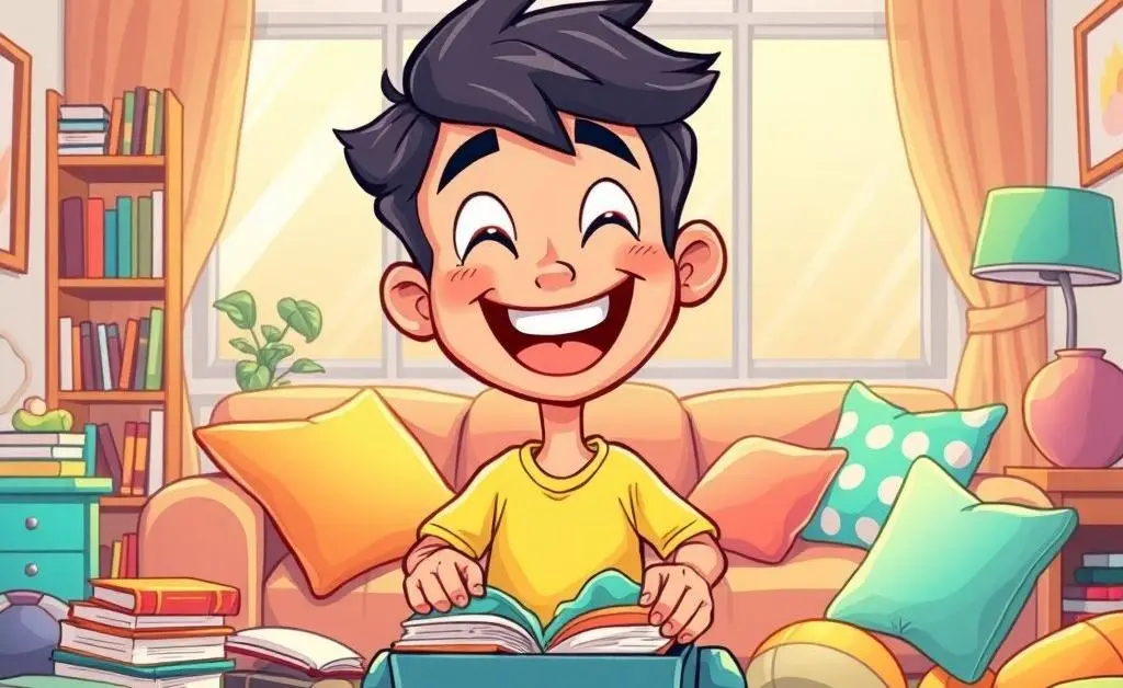 Cartoon-style illustration of a person happily decluttering their space