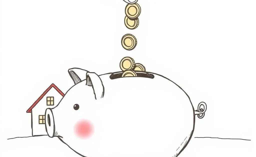 Hand-drawn illustration of a piggy bank being filled with coins, a house in the background.