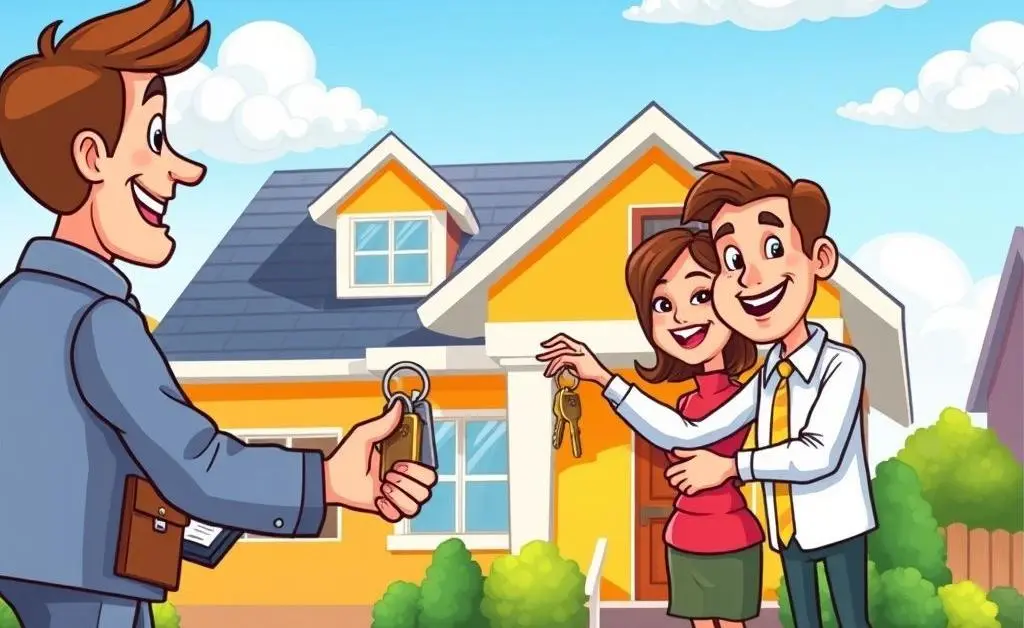 A cartoon depicting a house with a friendly bank officer handing over house keys.