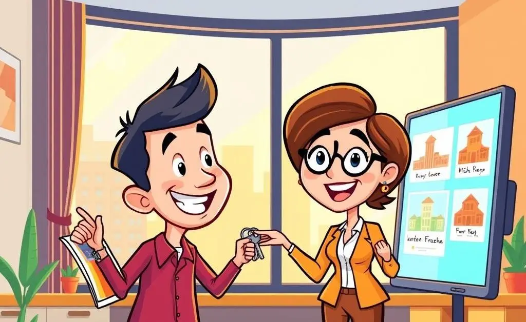 A cartoon-style depiction of a person meeting with a real estate agent in an office setting.