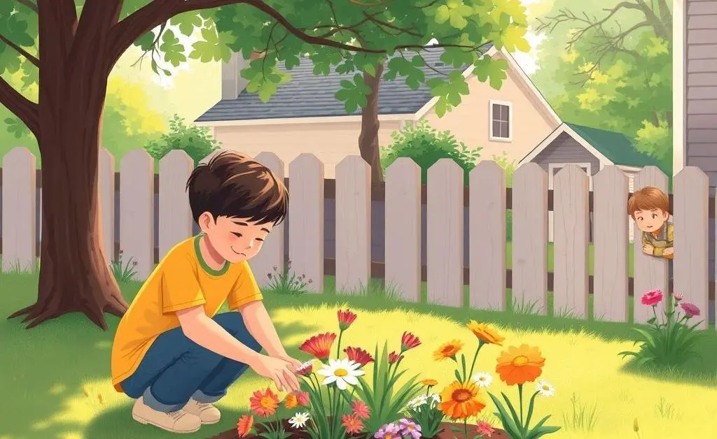 A person planting flowers peacefully with a neighbor watching curiously.