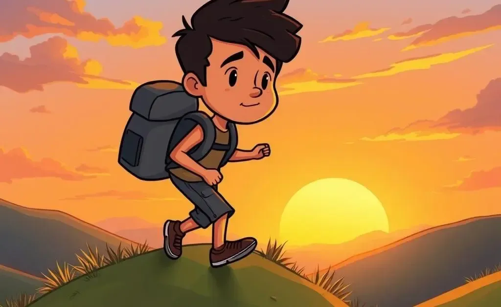 Person climbing a small hill with determination against a sunset