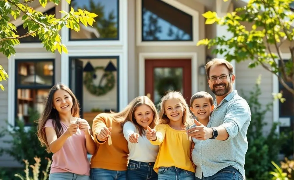 Happy family outside their new home