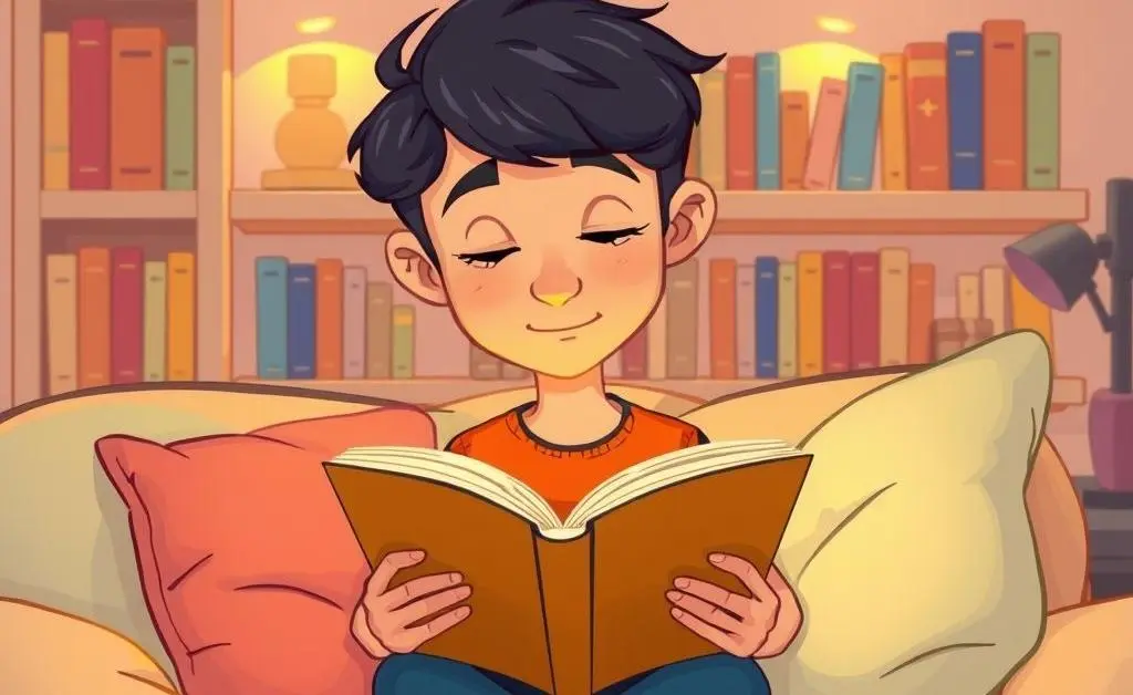 A cartoon-style image of a person reading a book inside a cozy living room