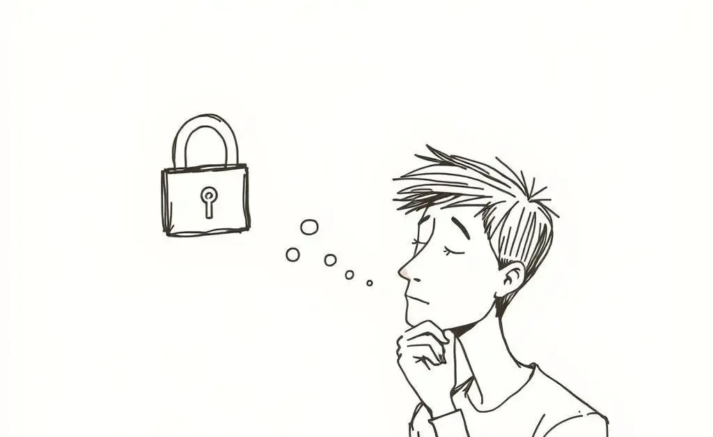 A hand-drawn style image of a person thinking with a lock icon next to them, symbolizing security.