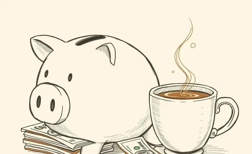 A piggy bank, a stack of paid bills, and a cup of coffee.