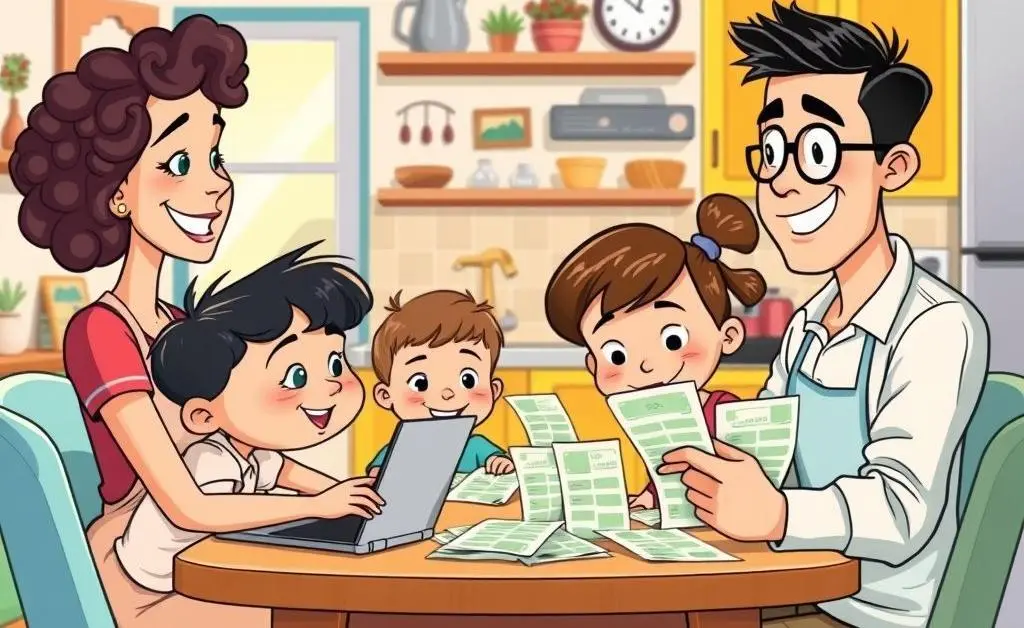 Family checking their budget together at home.