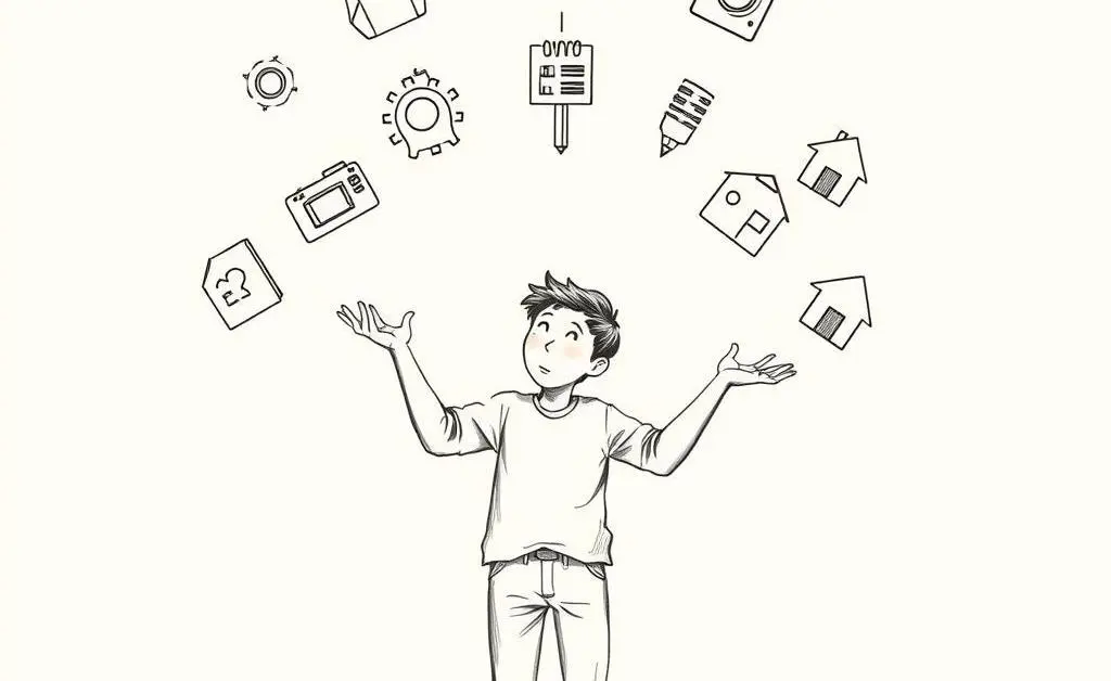 Diagram of a person juggling multiple insurance options represented as icons.