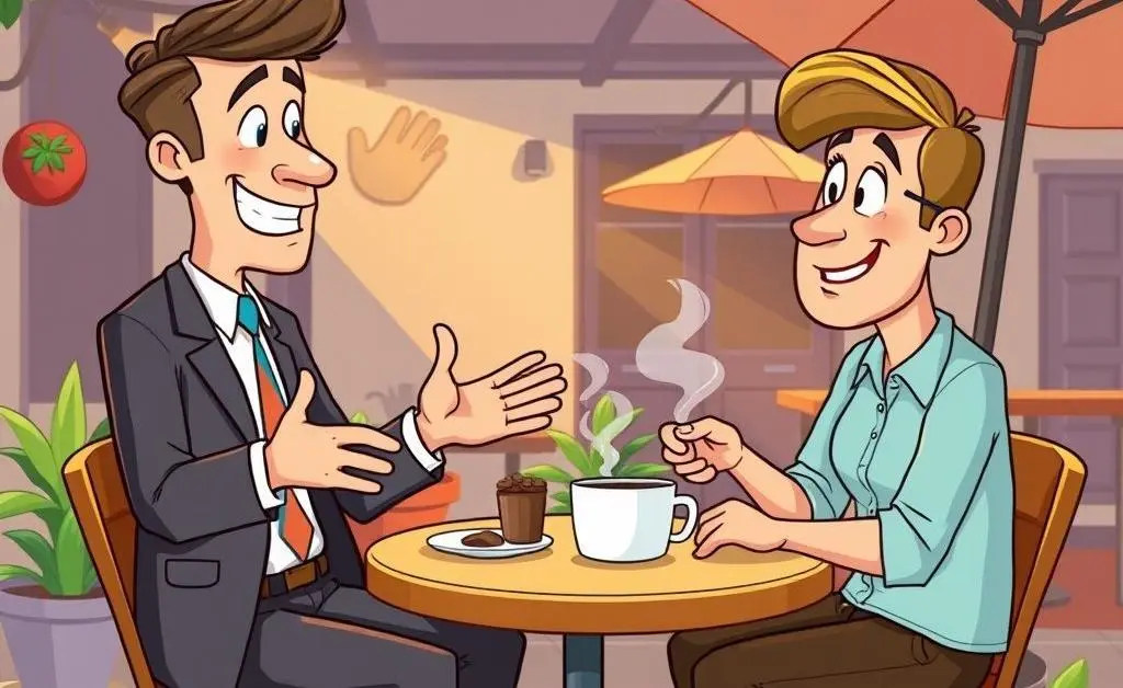 Cartoon-style depiction of two people discussing insurance over coffee