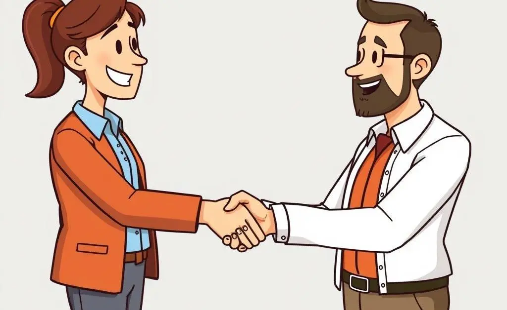 A cartoon-style image of a person happily shaking hands with an advisor or mentor.