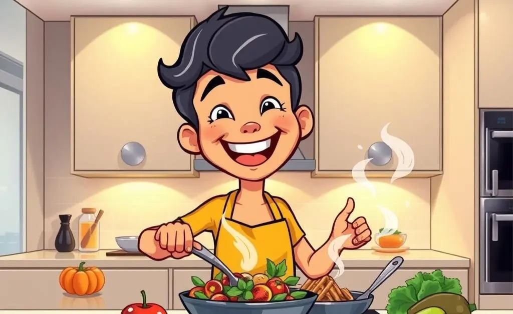 Person cooking happily in a kitchen
