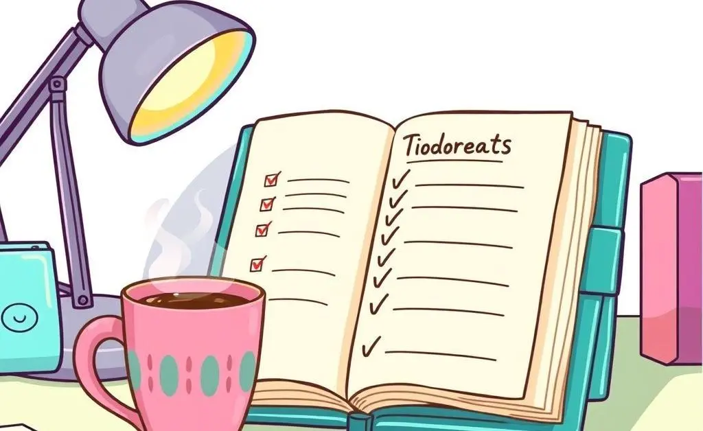 Cartoon-style image of a planner with a to-do list and a cup of coffee.