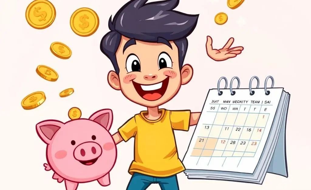 Person juggling financial items like coins, piggy bank, and calendar