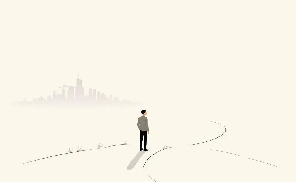 A minimalist image of a person at a crossroads with one path leading to work and another to freedom.