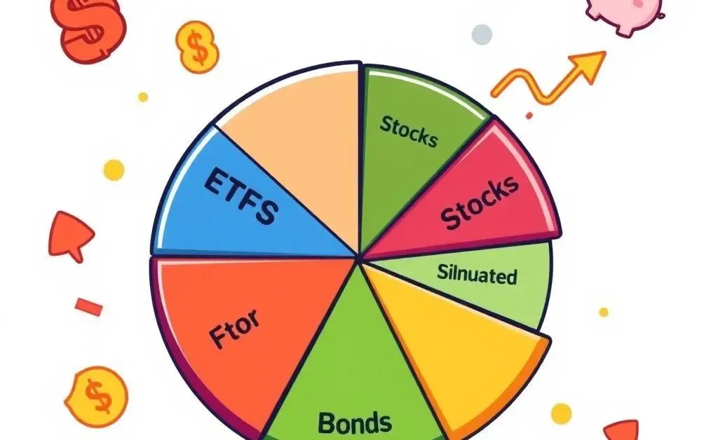 Cartoon-style image of a pie chart illustrating a balanced portfolio mix of ETFs, stocks, and bonds.