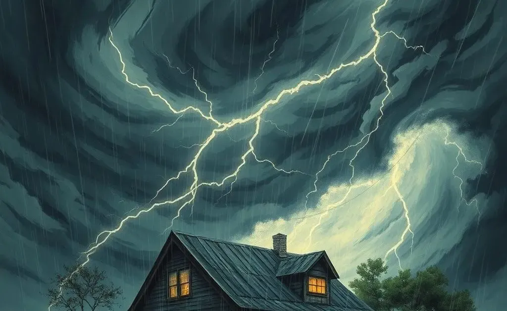 Artistic depiction of a storm or natural disaster impacting a house