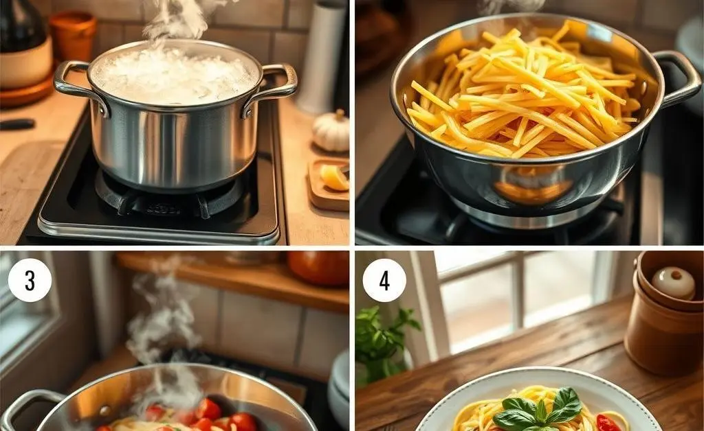 Step-by-step visuals of a simple pasta dish being cooked
