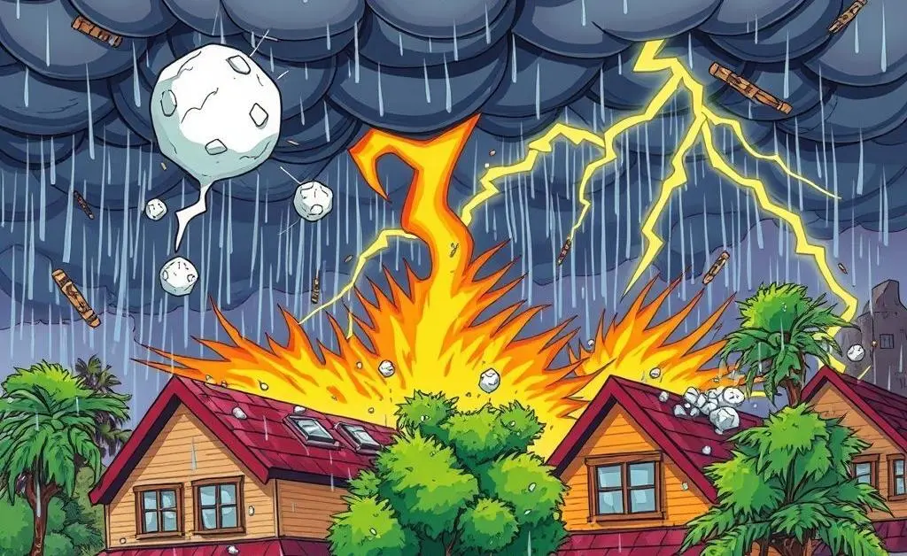Cartoon depicting severe weather affecting homes.