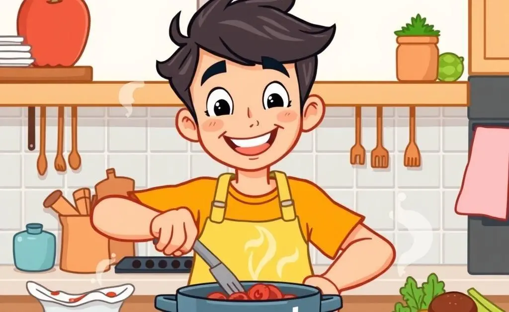 A cartoon-style image of a happy individual cooking in their kitchen, surrounded by delicious meals.