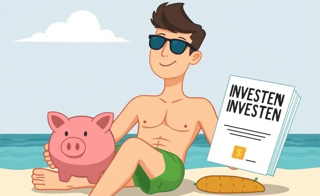Illustration of a person sitting relaxed on the beach with a piggy bank and an investment book.