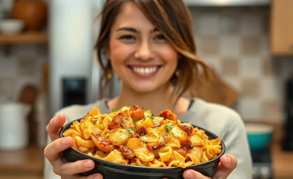 A smiling person holding a homemade dish with a warm kitchen background