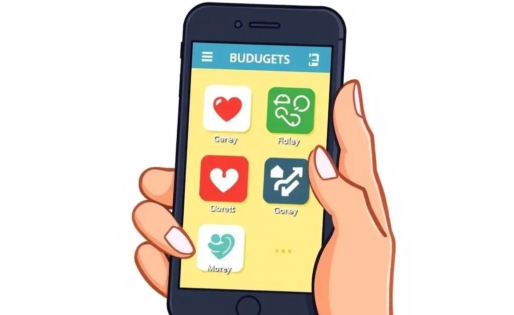 Cartoon-style image of a person holding a phone with budgeting apps visible on the screen