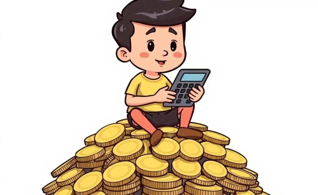 A person sitting on coins, holding a calculator.