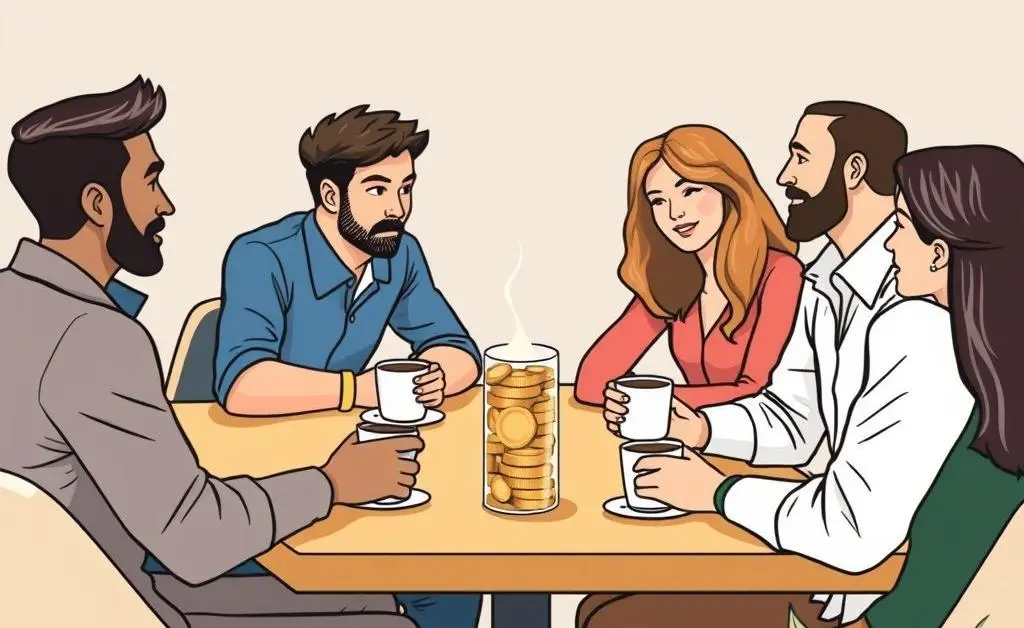 Illustration of a diverse group discussing investments over coffee.