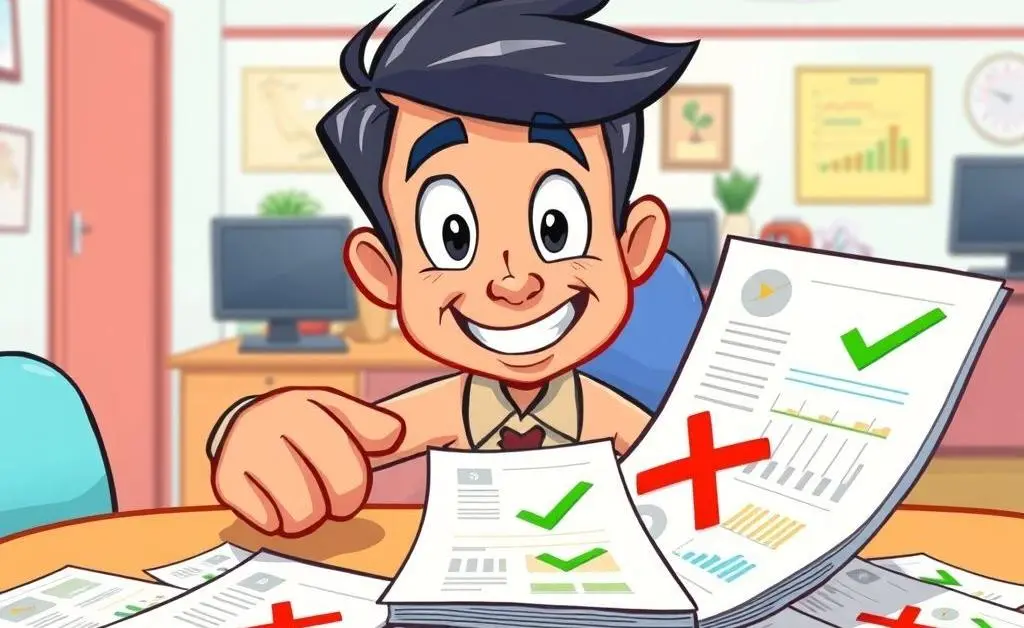 Person comparing financial documents with check marks and red Xs.