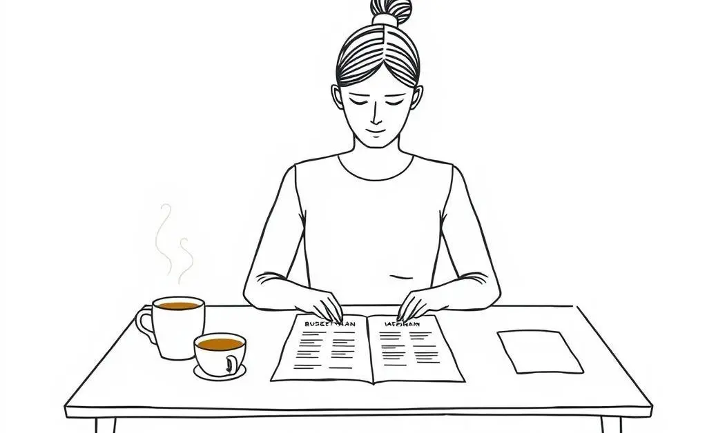 Person at a desk with a budget plan and coffee