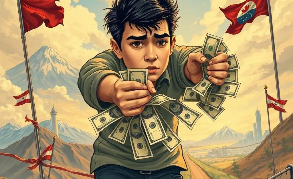 A person trying to hold money while standing on state borders.