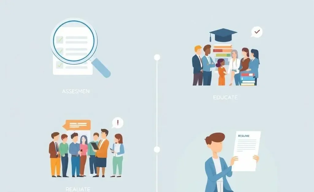 Infographic-style image showing steps in career transition: evaluate, educate, network, apply.