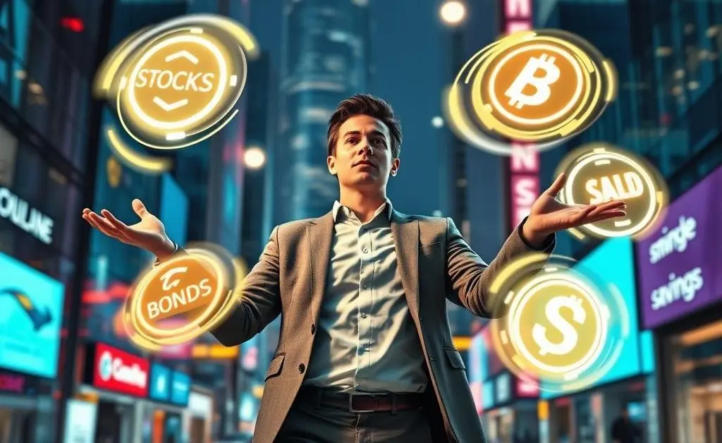 A person juggling different assets labeled with stocks, bonds, and savings.