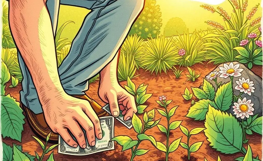 A person planting dollar bill 'seeds', depicting investment and growth.