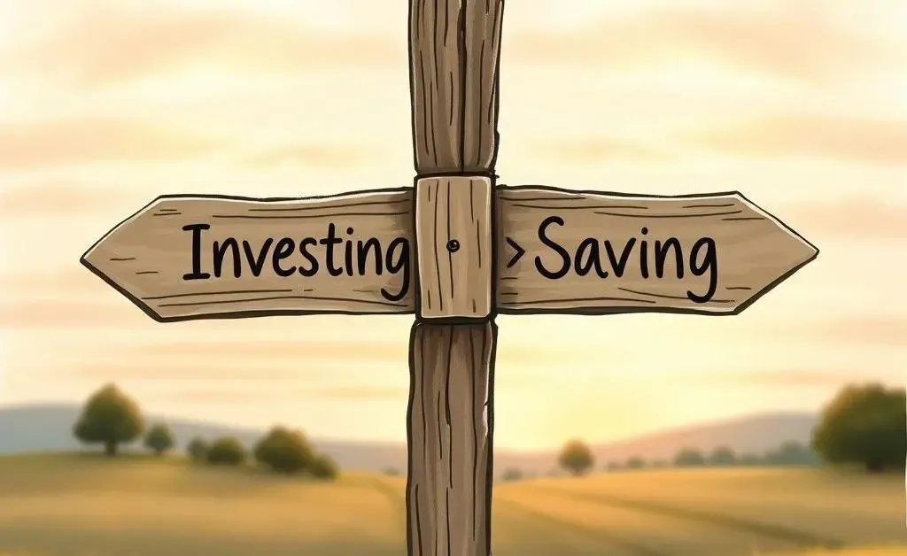 Crossroads sign with 'Investing' and 'Saving' directions