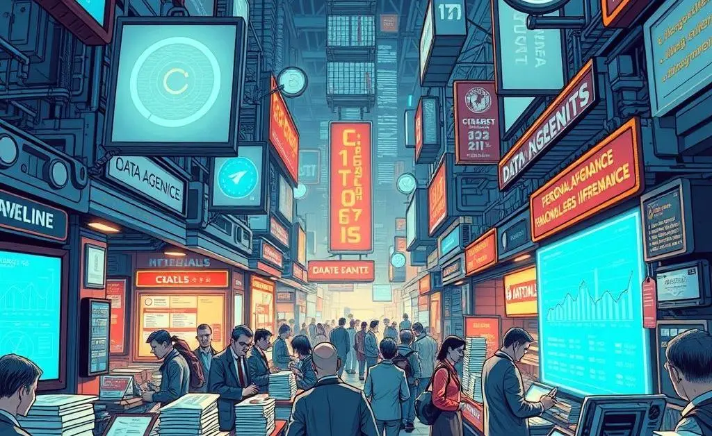 Credit agencies depicted as vendors in a bustling marketplace