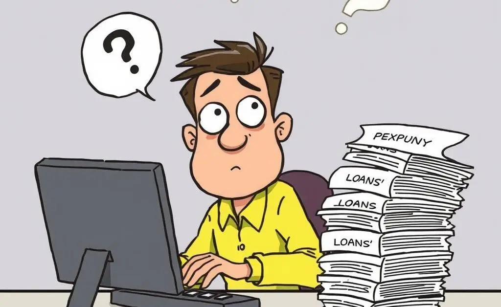 Cartoon of a person using a computer and looking puzzled with documents labeled 'loans'.