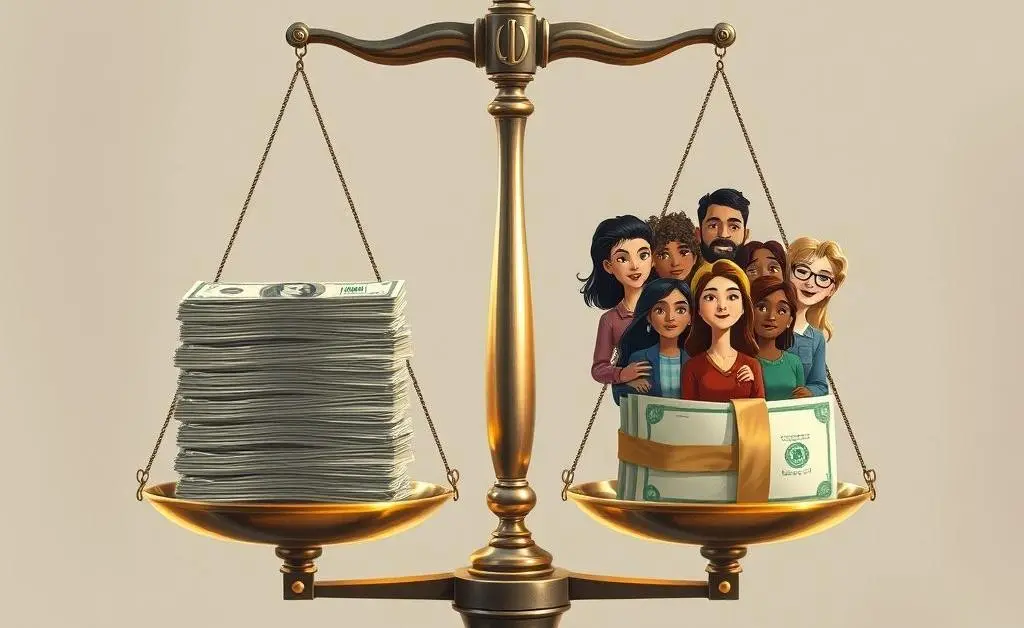 Illustration of a scale balancing a stack of money with a diverse group of people on the other side