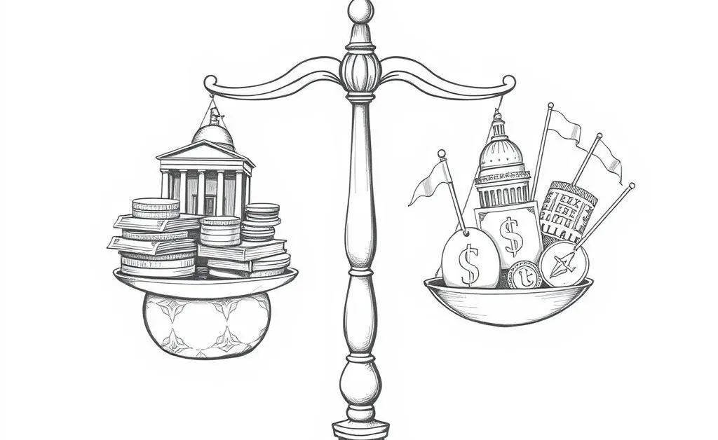 A hand-drawn image of a scale balancing money and political symbols
