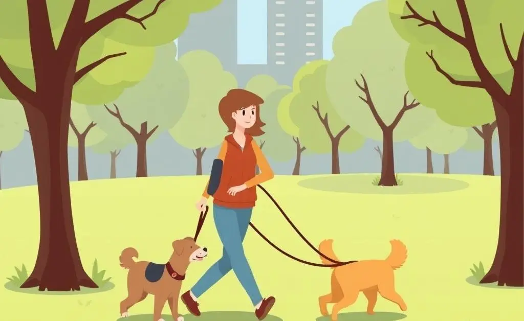 Person walking a dog in the park.