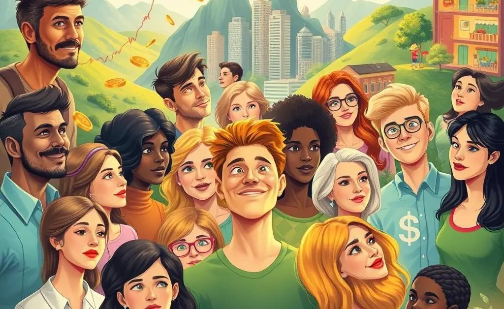 Illustration of a diverse group of people, each dreaming of their unique version of financial independence