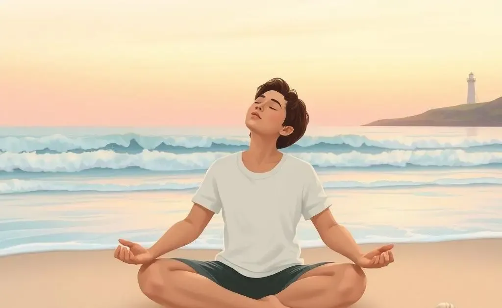 Person taking deep breaths with calming waves