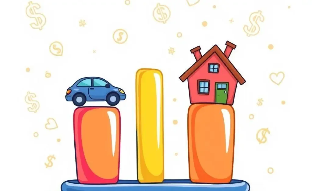 Cartoon-style graph showing comparative monthly savings for car and house.