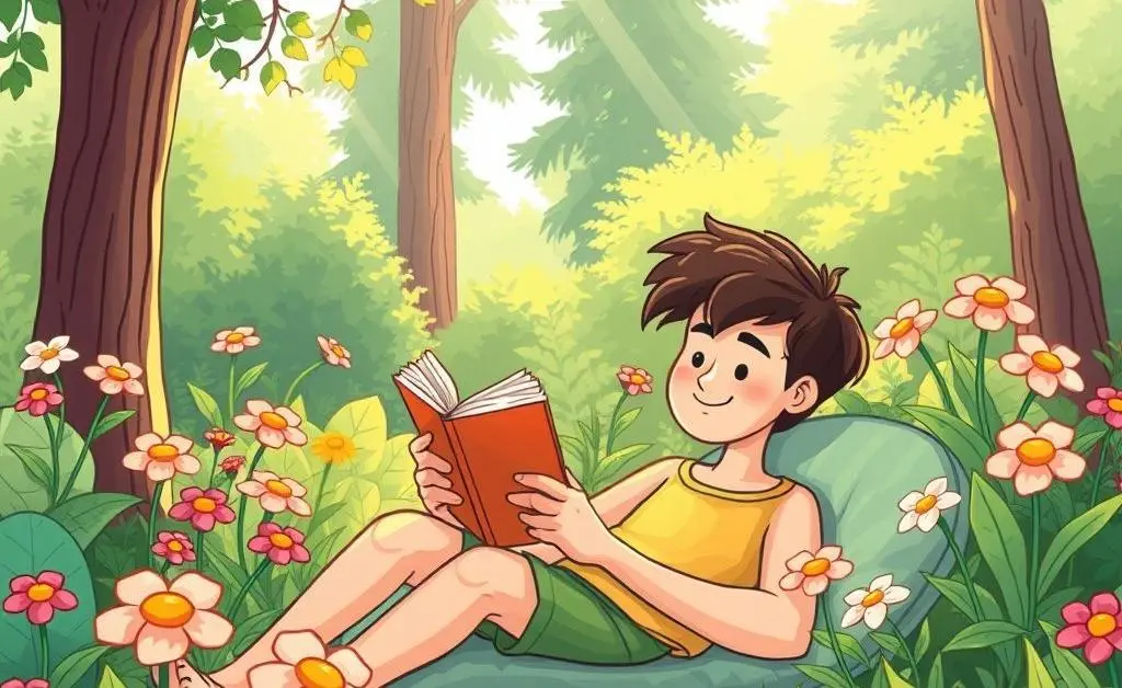 Cartoon image of a relaxed person sitting in a garden with a book, representing financial freedom