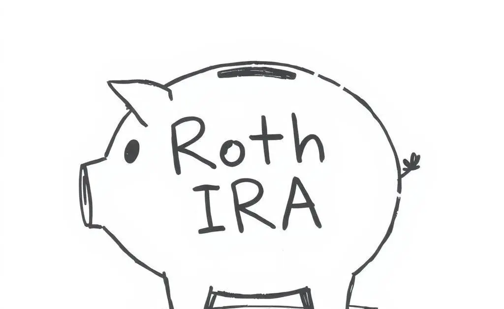 A hand-drawn illustration of a piggy bank labeled 'Roth IRA'