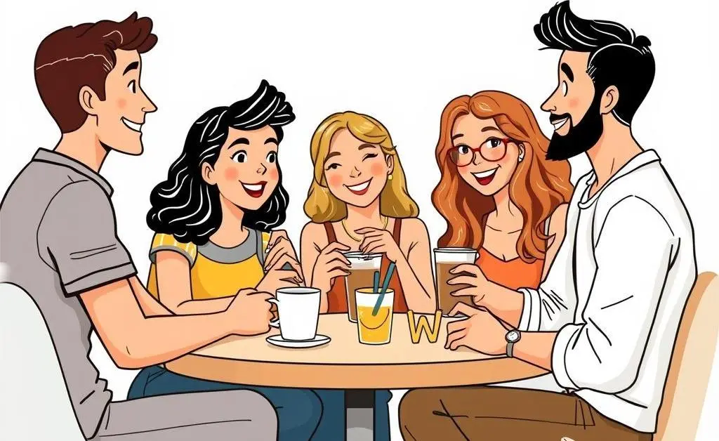 An illustration of a diverse group of friends having a casual and lively conversation over coffee