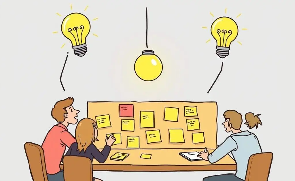 Brainstorming session with sticky notes and light bulbs.