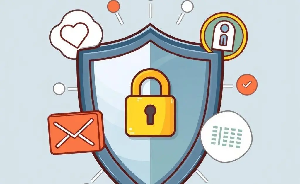 Cartoon of a shield with security icons like lock and data protection