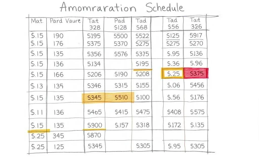 Amortization schedule with highlighted sections.